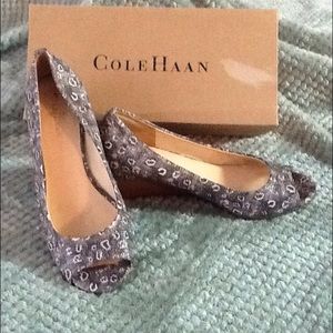 Cole Haan Black and White Peep Toe Wedge
